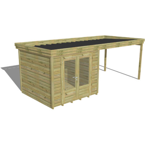 ABRI DE JARDIN bois Pin autoclave 27mm - 6,14x2,64m / 16,2m2 - Bac acier - Plancher bois