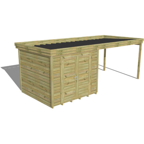 ABRI DE JARDIN bois Pin autoclave 27mm - 6,14x2,64m / 16,2m2 - Bac acier - Plancher bois
