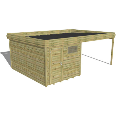 ABRI DE JARDIN bois Pin autoclave 27mm - 6,14x4,34m / 26,7m2 - Bac acier - Plancher bois
