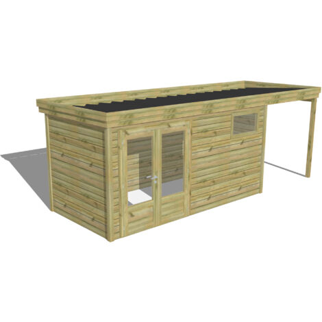 ABRI DE JARDIN bois Pin autoclave 27mm - 6,34x2,14m / 13,6m2 - Bac acier - Abri Français