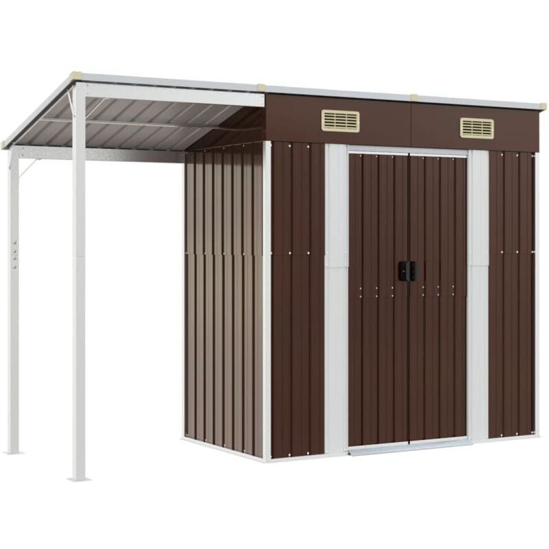 Abri de jardin cabane cabanon maison de stockage remise extérieur hangar outils robuste avec toit prolongé 277 x 110,5 x 181 cm acier marron