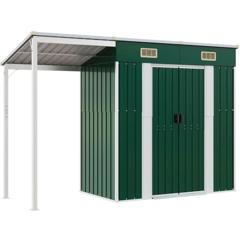 Abri de jardin cabane cabanon maison de stockage remise extérieur hangar outils robuste avec toit prolongé 277 x 110,5 x 181 cm acier vert