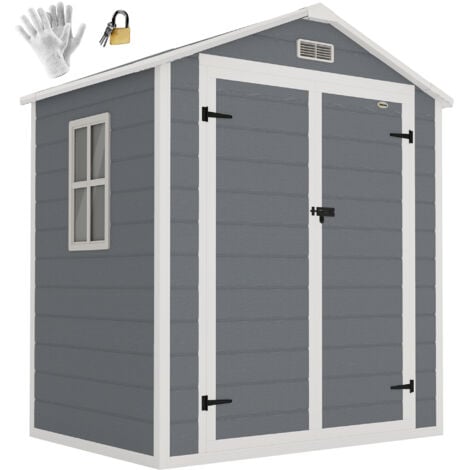 Abri de jardin cabanon 2,12 m² - 2 portes, fenêtre, aération, toit double pente - résine PP gris