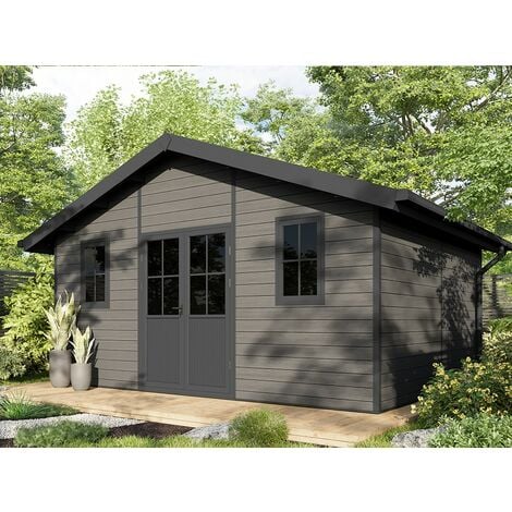 Abri de jardin en bois composite 28mm anthracite 9m² PREMIUM toit plat -  Woodlife Garden