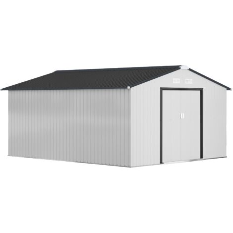 Abri de jardin en acier 3,4 x 3,8 x 2 m avec double porte coulissante et toit en pente, argent