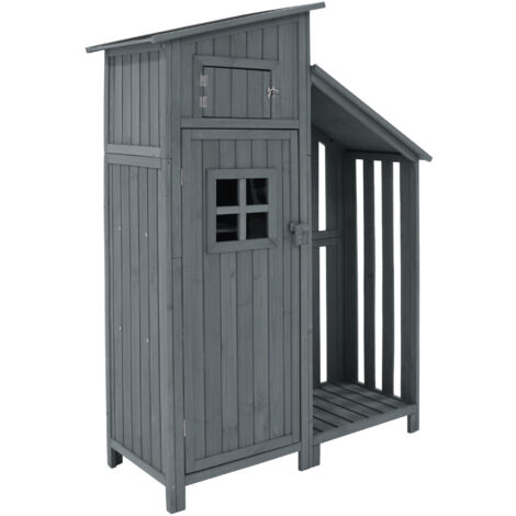 Abri de jardin en bois - 124x46x174cm - 2 étagères - 8 pieds en bois massif - Gris
