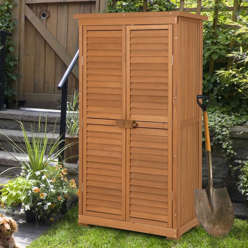 Abri de Jardin En Bois 160 Cm Toit en Asphalte 2 Portes Verrouillables avec Loquet Armoire Cabane en Sapin Pré-Huilé Imperméable 3 Étagères Amovibles