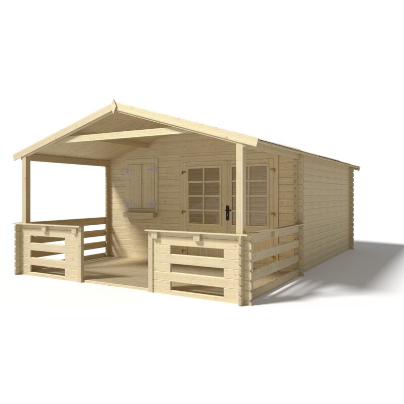 Abri de jardin en bois - 4x4 m - 24 m2 + terrasse avec balustrade et avant-toit en bois - Naturel