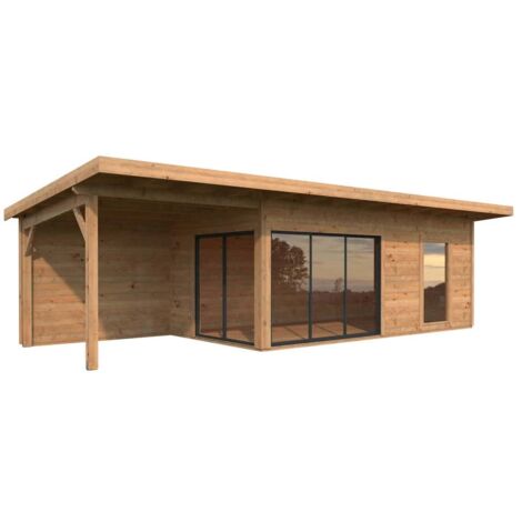 Abri de jardin en bois 25m² – Épicéa nordique 44mm – Terrasse coulissante 7,9m² – Porte coulissante et grandes fenêtres vitrées – Palmako
