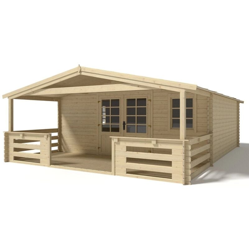 Abri de jardin en bois - 5x5 m - 35 m2 + terrasse avec balustrade et avant-toit en bois