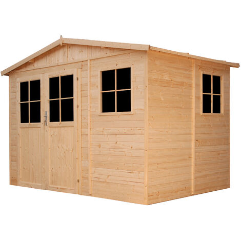 Abri de Jardin en Bois 6 m² - Porte avec serrure – H226 x 324 x 216 cm - Construction de panneaux en bois naturel - Atelier rangement outils et vélos - TIMBELA M334F - Beige