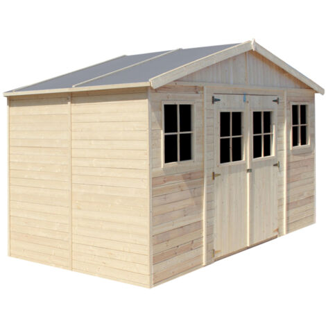 Abri de Jardin en Bois 8 m² - Chalet avec fenêtres – H246 x 418 x 220 cm - Construction de panneaux en bois naturel - AVEC SOL IMPRÉGNÉ - TIMBELA M332+M332G - Beige