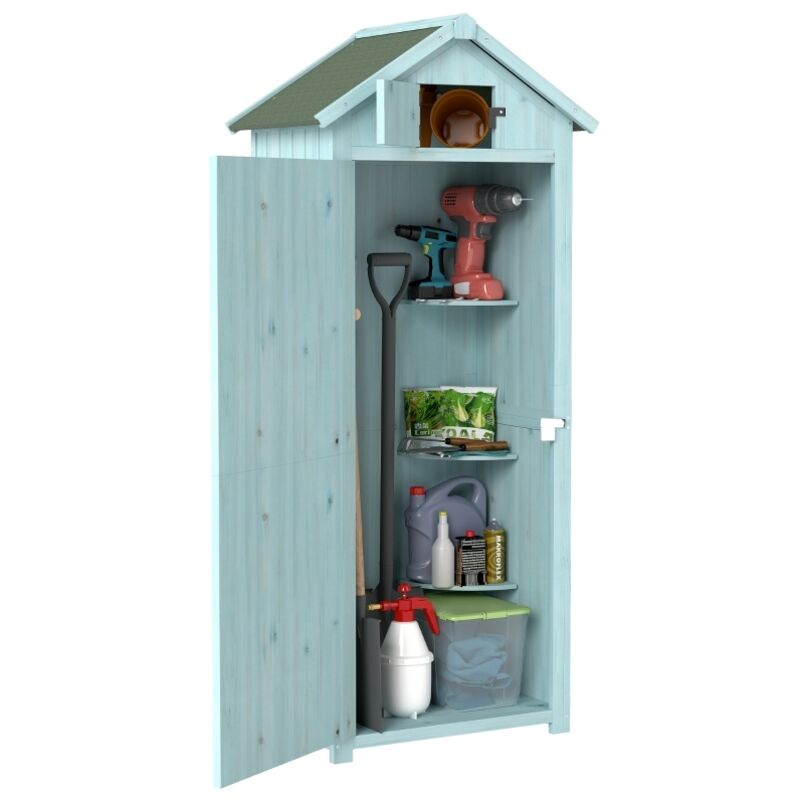 Petit Abri de Jardin en Bois 77×54×179 cm – 3 Étagères Amovibles, Toit Ouvrant, Toiture Asphalte Étanche, Porte Verrouillable – Bleu