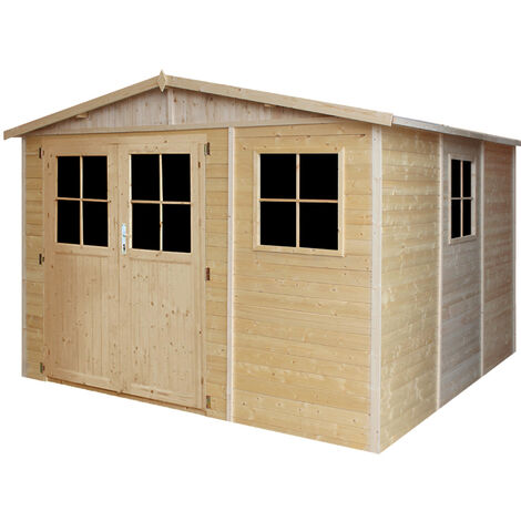 TIMBELA M335F+M335G ABRI de Jardin en Bois Exterieur AVEC LES PLANCHERS IMPRÉGNÉ Porte verrouillable de haute qualité - Cabane de jardin en Pin/épicéa- H226x316x324 cm/9 m² Construction de panneaux - Beige