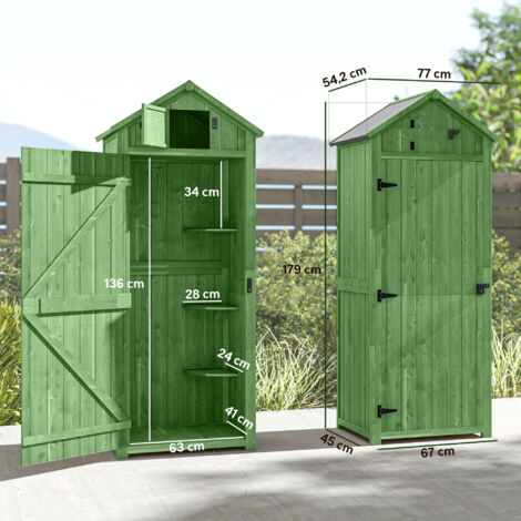 Abri de jardin en bois avec 3 étagères amovibles, porte verrouillable, toit en pente en asphalte et ventilation.
