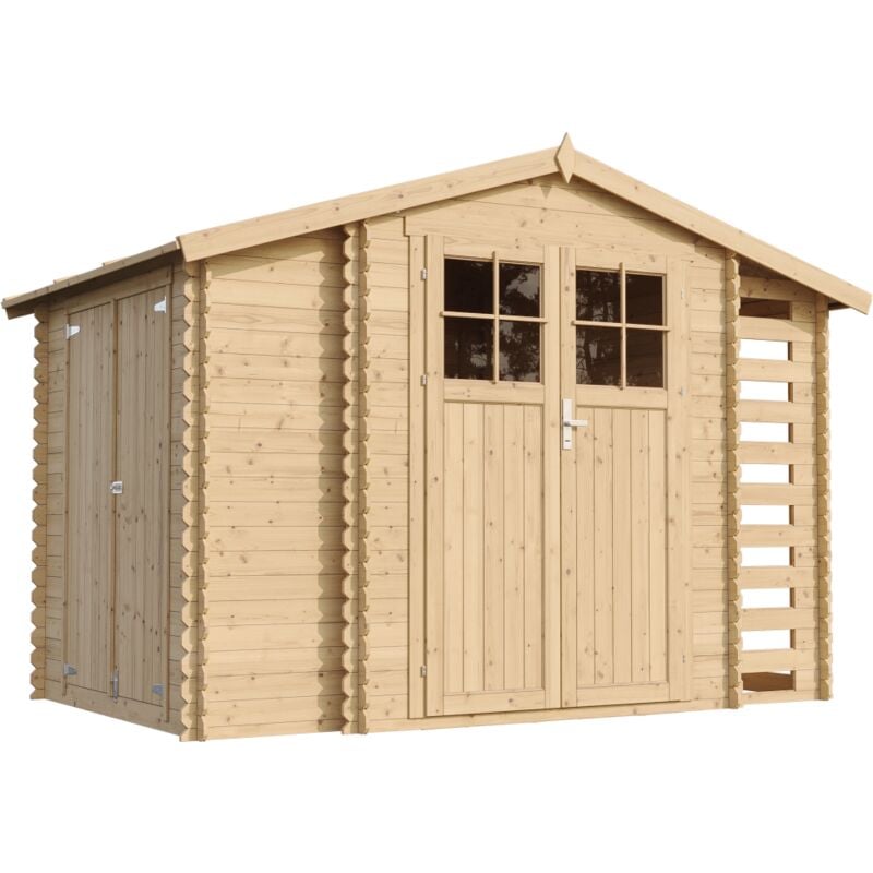 Timbela - Abri de jardin en bois et range bûches extérieur - Stockage extérieur I206xL328xH218 cm/ 3,53 + 0,97+0,97 m2 Petit abri à outils, Local à