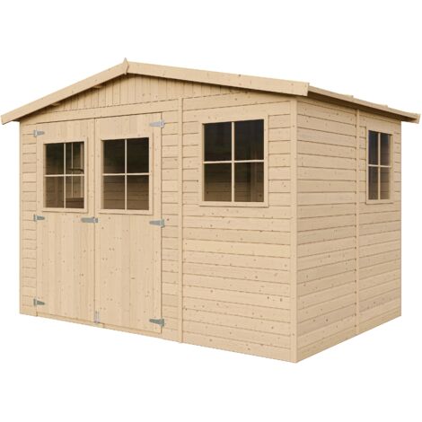 Abri de jardin en bois Exterieur AVEC LES PLANCHERS IMPRÉGNÉ- Cabane de jardin en Pin/épicéa-H226x324x216 cm/6m2- Construction de panneaux- Rangement pour vélos, remise à outils- Timbela M334+M334G