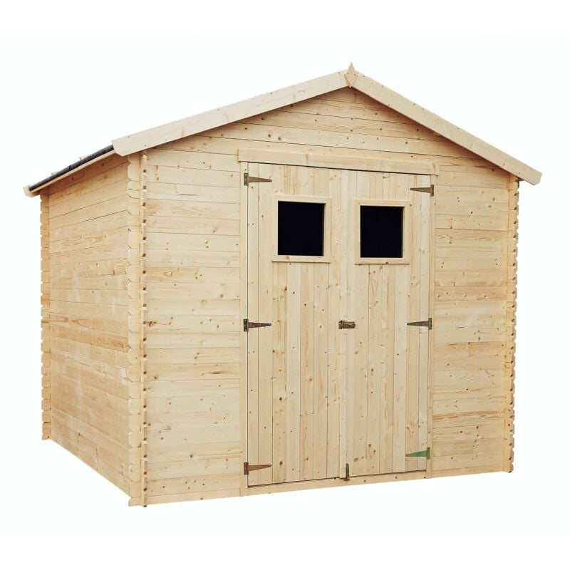 Gardiun - Abri de Jardin en Bois Naturel Dimitri 238x238x236 cm - 6,8 m² Toiture en Bitume Double Porte Épaisseur du Bois 19 mm