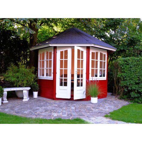 Abri de jardin en bois hexagonal 6,7 m² – Épaisseur murs 28 mm – Toiture en panneaux préfabriqués – Porte double avec serrure – Palmako