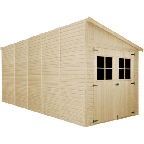 Abri de Jardin en Bois Naturel (avec paroi latérale)- Stockage extérieur avec fenêtres- H244x218x514 cm/10 m2, hangar en bois naturel - Atelier rangement outils et vélos- TIMBELA M341A