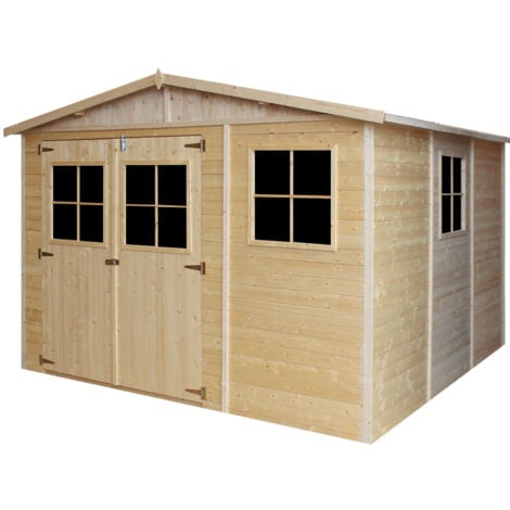 Abri de Jardin en Bois Naturel - Stockage extérieur avec fenêtres- H226x316x324 cm/9 m² hangar en bois naturel - Atelier rangement outils et vélos- TIMBELA M335
