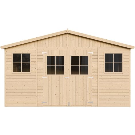 Timbela – Abri de jardin bois 12 m² M331 – Dimensions H246 x L418 x P320 cm – Panneaux en pin nordique 17 mm – Toit en OSB-3 résistant à l'eau