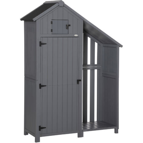 Abri de jardin en bois Outsunny, abri à outils, cabane de jardin, armoire de rangement, cabane en bois, toit à pignon, gris et noir, 129 x 51,5 x 180 cm