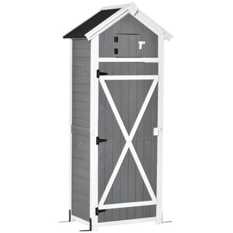 Abri de jardin en bois, résistant aux intempéries, 78 x 52,5 x 182 cm, avec porte, toit en pente, armoire à outils avec crochets, table pliante, idéal pour le jardin ou la terrasse, gris.