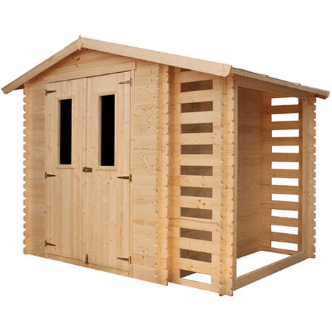 Abri de jardin en bois TIMBELA M386C - Avec à bûches / rangement 4,47 m² - Extérieur H218 x 272 x 206 cm - Atelier rangement outils et vélos