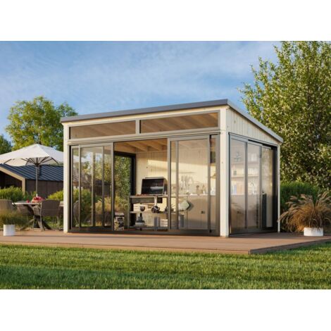 Abri de jardin en épicéa nordique 11,6 m² – Portes coulissantes vitrées aluminium – Toit plat contemporain – Espace de vie lumineux – Palmako