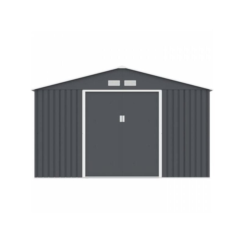 Abri de jardin en métal 10,85 m² - 340 x 319 x 210 cm - jupiter - Kit d'ancrage inclus, 2 portes coulissantes - Gris