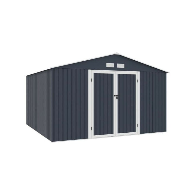 Abri de jardin en métal 10,85 m2 - 340 x 319 x 210 - lunex - Kit d'ancrage inclus, 2 portes battantes - Gris