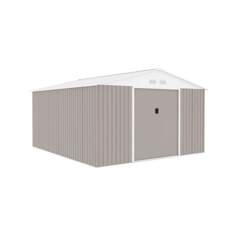 Abri de jardin en métal 12,99 m² - 340 x 382 x 210 cm - neptune - Kit d'ancrage inclus, 2 portes coulissantes - Taupe