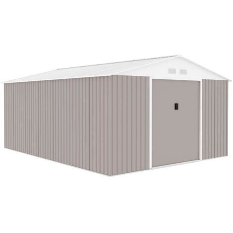 Abri de jardin en métal 15,16 m² – Acier galvanisé – 2 portes coulissantes – Kit d'ancrage inclus – Finition taupe