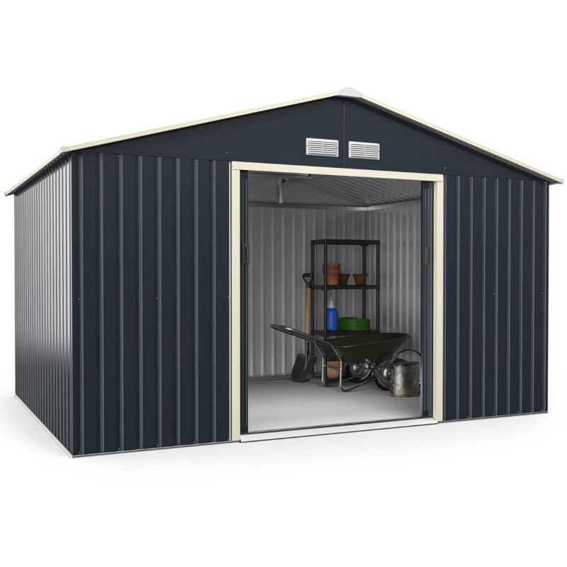 Abri de jardin en métal 8,67 ㎡ 340 x 255 x 210 cm avec 2 portes coulissantes verrouillables 4 trous d'aération gris pour vélo