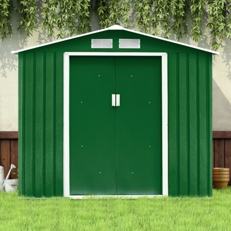 Abri de Jardin en Métal Cabane de Rangement à Outils Porte Double Coulissantes, 213x127x185cm, Vert et blanc Maison Chic