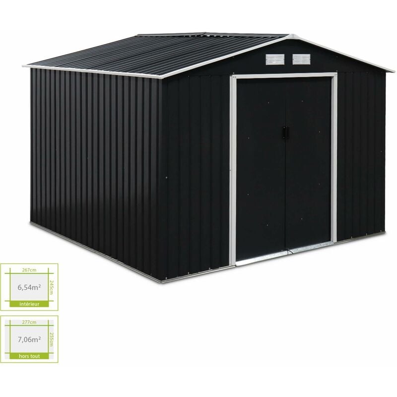 Abri de jardin en métal - Calaisis - 7.06m² gris anthracite et blanc - Cabane à outils avec deux portes coulissantes. kit de fixation sol inclus.