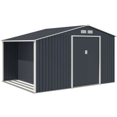 Abri de jardin en métal et abri bûches 8,72 m² - 342 x 255 x 202 - NOVA - Kit d'ancrage inclus, 2 portes coulissantes - Gris