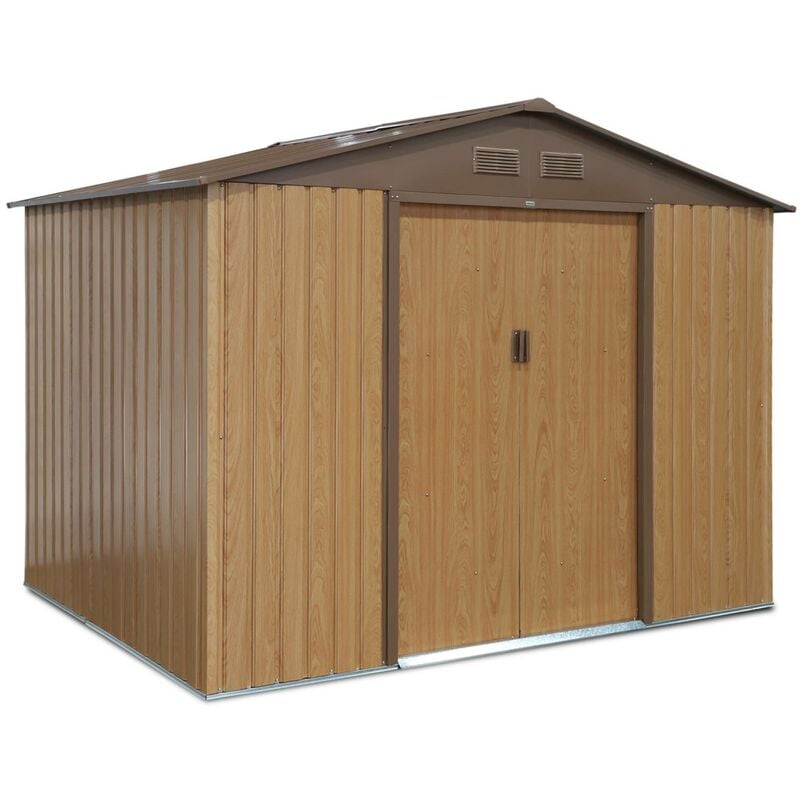 Abri de jardin en métal - FERRAIN 5.29m² couleur chêne - Cabane à outils avec deux grandes portes coulissantes. kit de fixation sol inclus. maison de