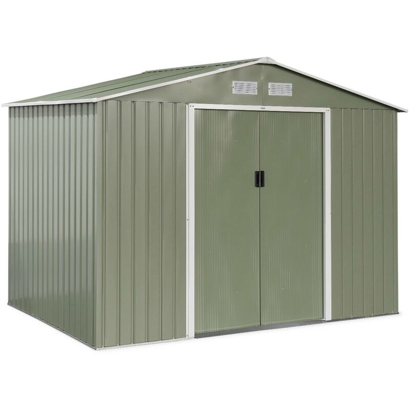 Abri de jardin en métal - ferrain 5.29m² vert et blanc - Cabane à outils avec deux grandes portes coulissantes. kit de fixation sol inclus. maison de