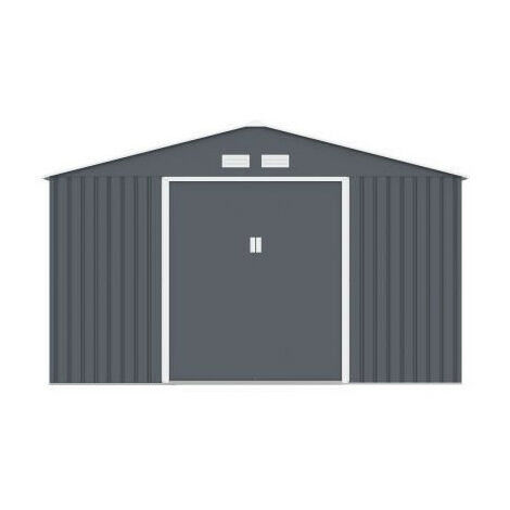 Abri de jardin métal 12,99 m² – Acier galvanisé – Dimensions 340 x 382 x 210 cm – Kit d'ancrage inclus – Deux portes coulissantes verrouillables