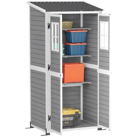 Abri de jardin en sapin avec 2 fenêtres et étagères réglables, abri de rangement verrouillable, toit en pente pour terrasse, 91 x 69 x 192 cm, gris clair