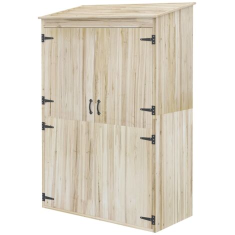 Abri de jardin en sapin naturel avec 2 portes, rangement pour outils avec étagères et toit en pente, 120 x 57 x 183 cm, couleur naturelle