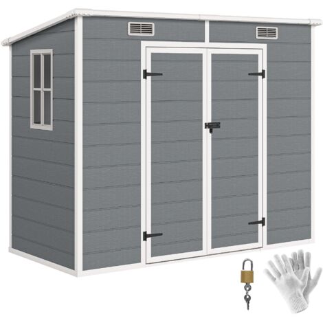 Abri de jardin extérieur 2,4 x 1,3 m, en résine avec plancher, fenêtre, portes verrouillables et aérations, gris