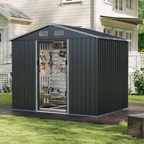Abri de Jardin Grand Abri à Outils Utilitaire avec Toit Incliné et Portes Coulissantes 4 Aérations Base au Sol Rangement 226x162x196cm Gris