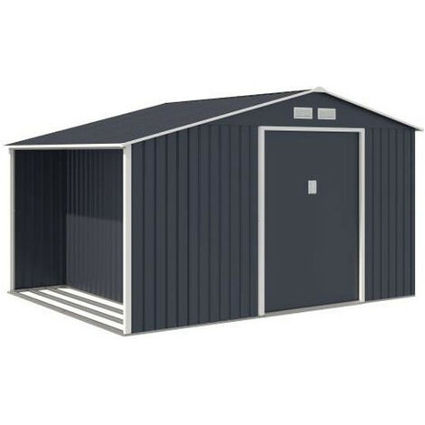 Abri de jardin métal 8,72 m² – Panneaux en acier traité anti-corrosion – Kit d'ancrage inclus – Dimensions 3,42 x 2,55 x 1,62-2,02m