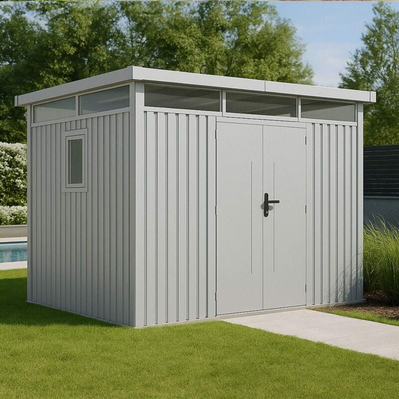 Abri de jardin métal Blanc Aluminium 7.45m² toit plat + kit d'ancrage