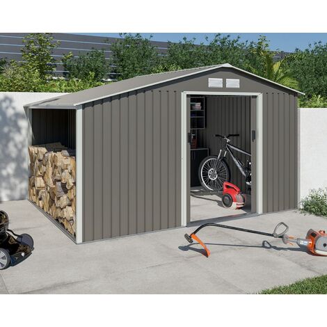 Abri de jardin métal gris châtaigne avec bûcher 8,13 m² + kit d'ancrage - Gris