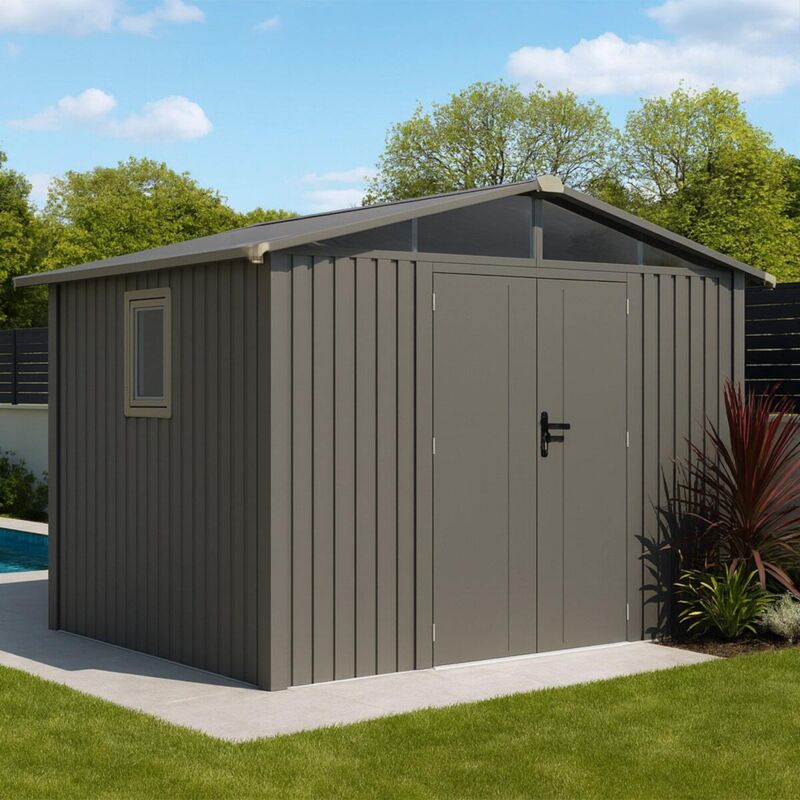 Abri de jardin métal gris taupe 5.71 m² + kit d'ancrage