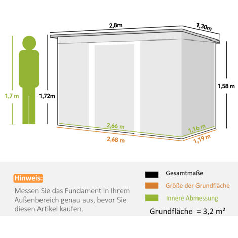Abri de jardin métallique 6,3 m³ 280 x 130 x 172 cm, avec toit pentu, porte coulissante, résistant aux intempéries, idéal pour l'extérieur (jardin, terrasse), couleur anthracite ou vert foncé.